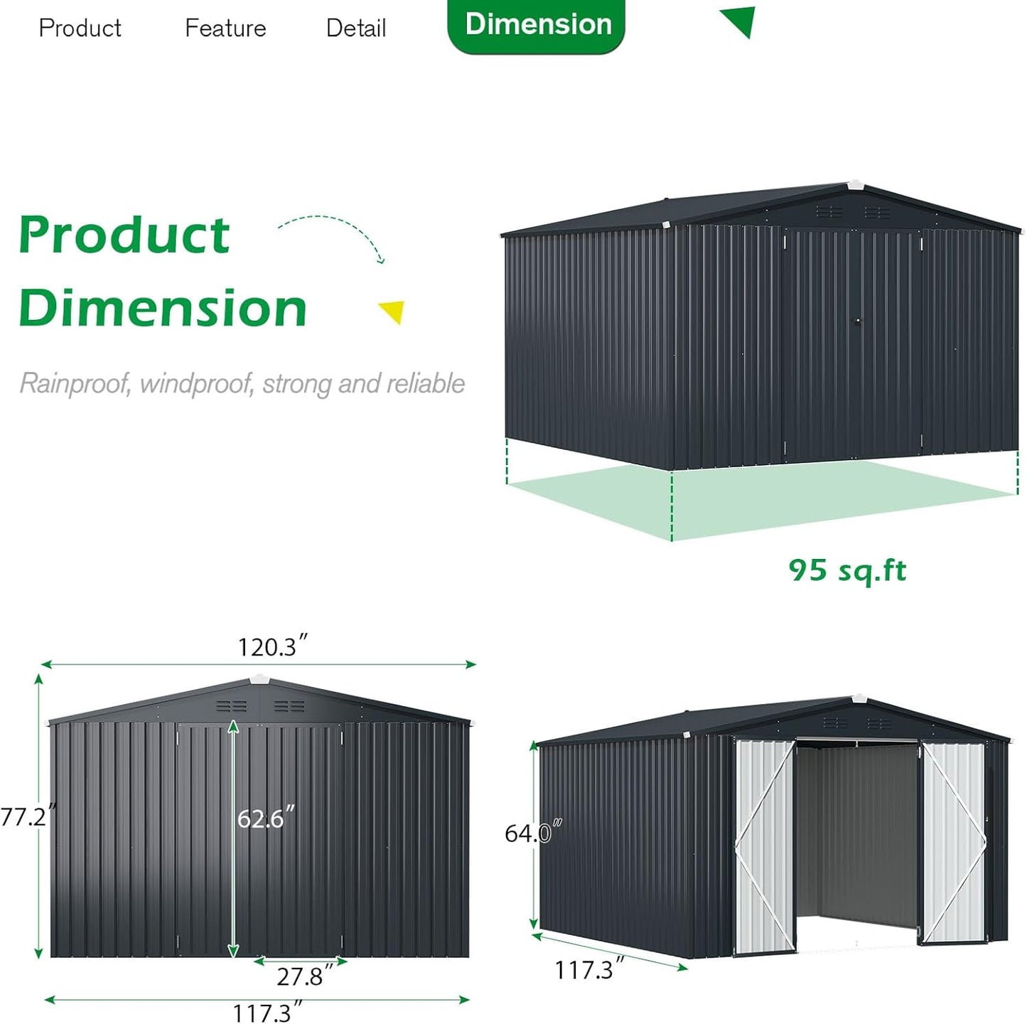YODOLLA 10 x 10 ft. Outdoor Metal Storage Shed with Sliding Roof & Lockable Door in Dark Grey for Patio, Garden& Backyard