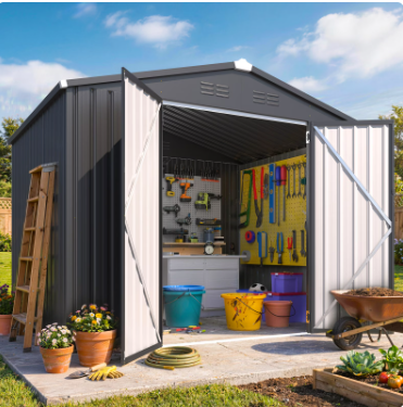 AECOJOY 8' x 6' Outdoor Metal Storage Shed with Lockable Door for Backyard in Dark Gray