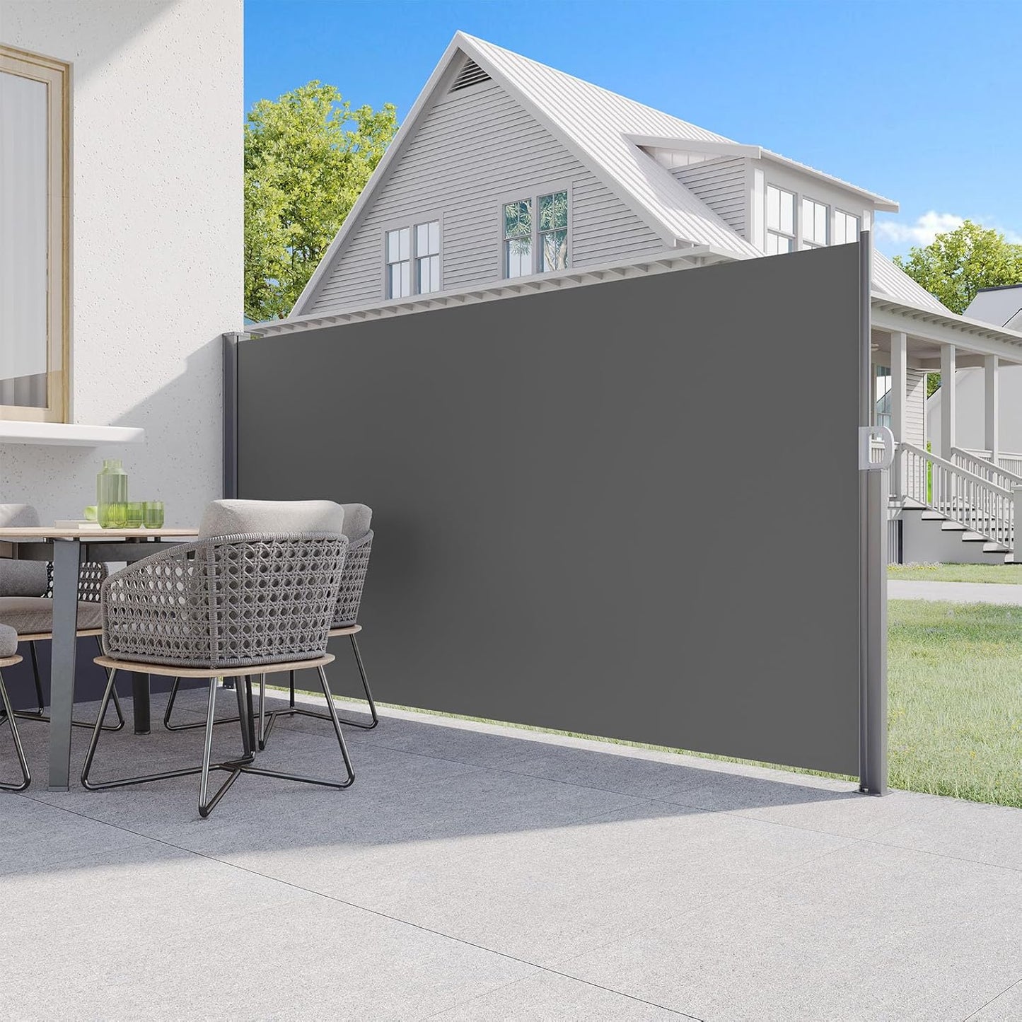 AECOJOY 118"x 71" Outdoor Retractable Side Awning, Folding Privacy Screen Waterproof Patio Awning, 180g Premium Polyester Fabric Room Divider for Patio, Garden and Terrace, Grey