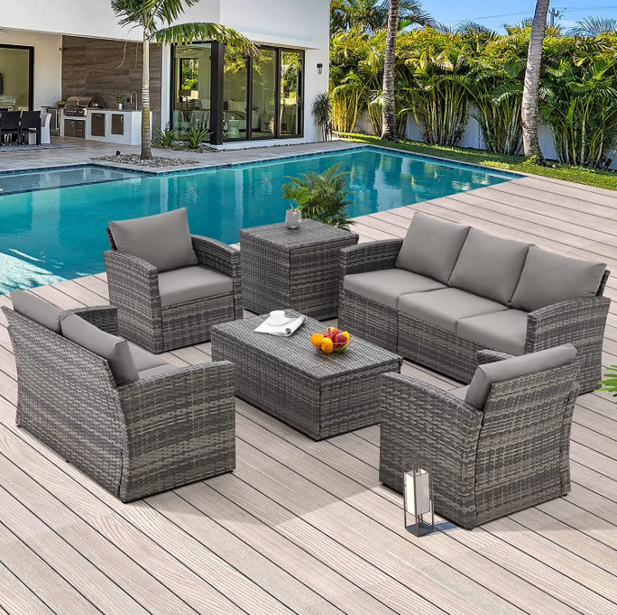 AECOJOY 7 Pieces Outdoor Furniture Set with Two Storage Boxes, Rattan Wicker Sectional Sofa Couch Patio Conversation Set, Grey