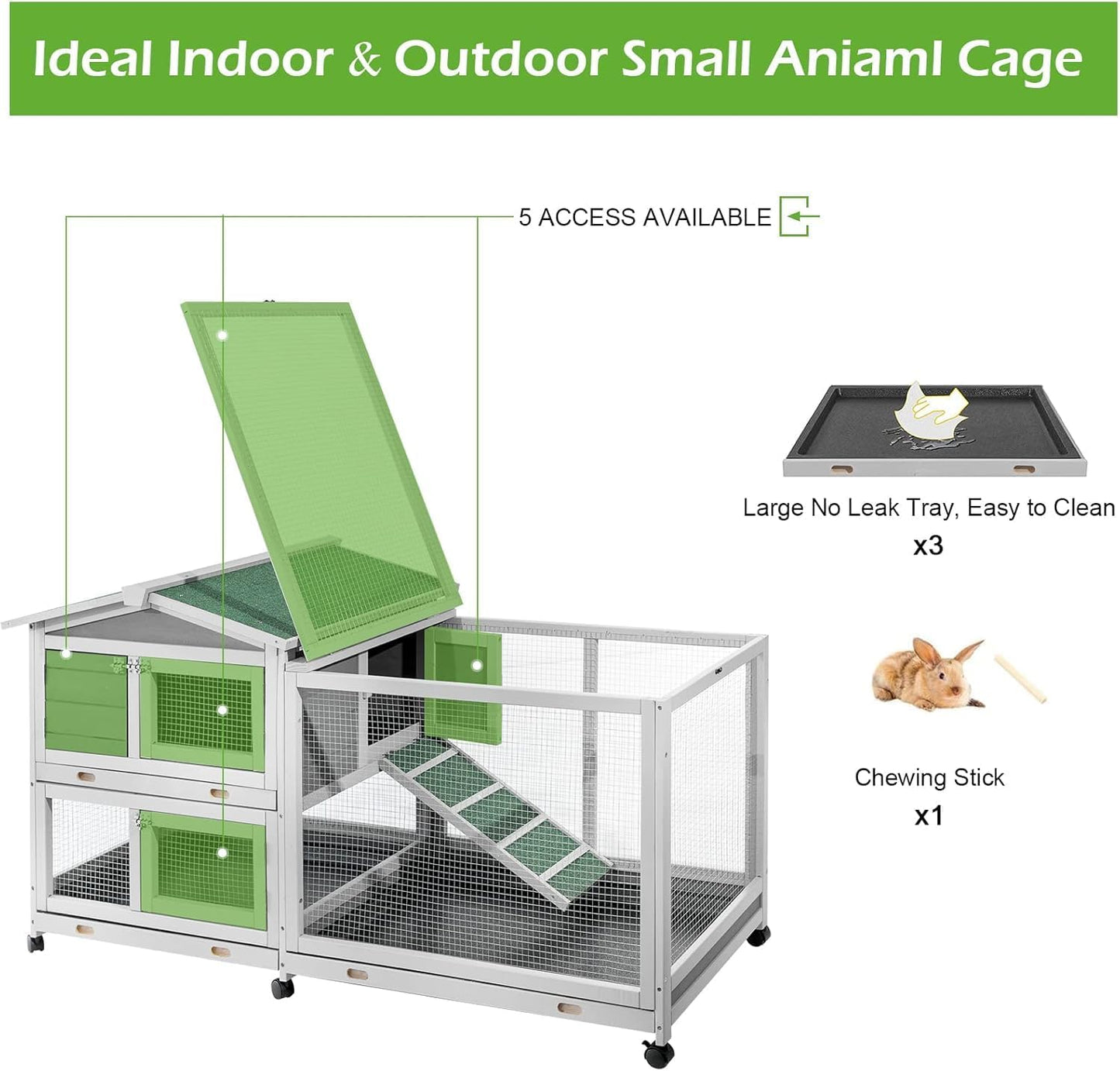 YODOLLA Rabbit Hutch 61.5", Two-Story Outdoor Wooden Bunny Cage with Wheels