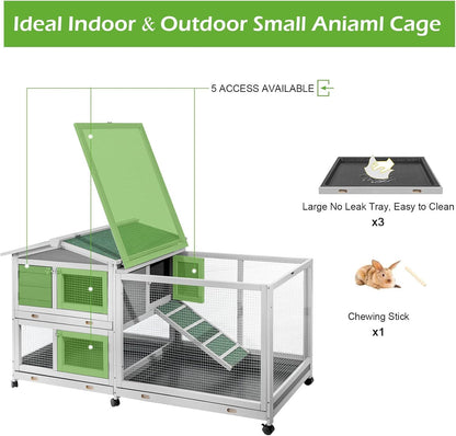 YODOLLA Rabbit Hutch 61.5", Two-Story Outdoor Wooden Bunny Cage with Wheels