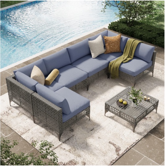 YODOLLA 7-Piece Patio Furniture Set with Tea Table, Rattan Wicker Outdoor Sectional Furniture Sofa Conversation Set, Grey Rattan&Blue Cushions