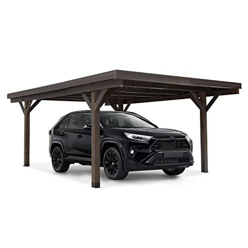 AECOJOY 17x12ft Wooden Carport Garage Outdoor Gazebo Wooden Pergola for Backyard, Coffee