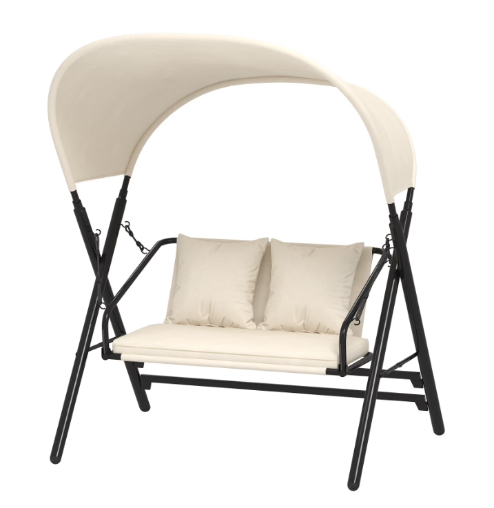 JFHID 2-Seat Outdoor Patio Swing with Canopy, 600LBS Heavy Duty Steel Frame Porch Swing with Thick Cushions & Pillows for Garden Yard Deck Poolside，Beige