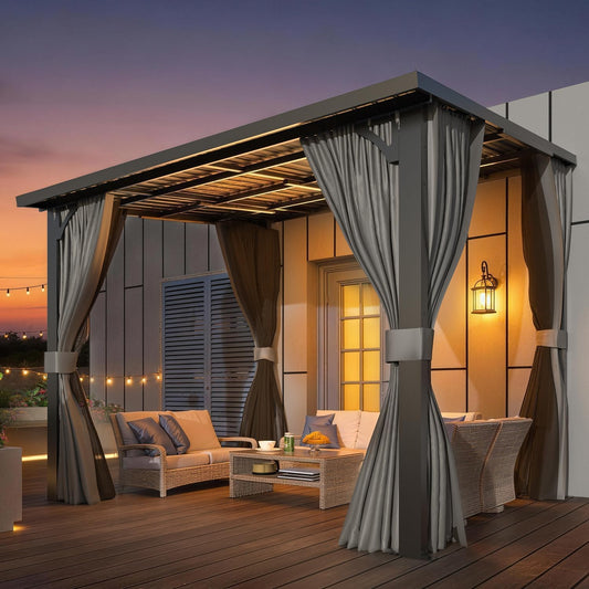 AECOJOY 14' x 8' Hardtop Patio Gazebo with Curtains and Netting, Wall Mounted Heavy Duty Outdoor Pergola on Clearance with Galvanized Steel Roof, Waterproof Metal Grill Gazebo for Backyard