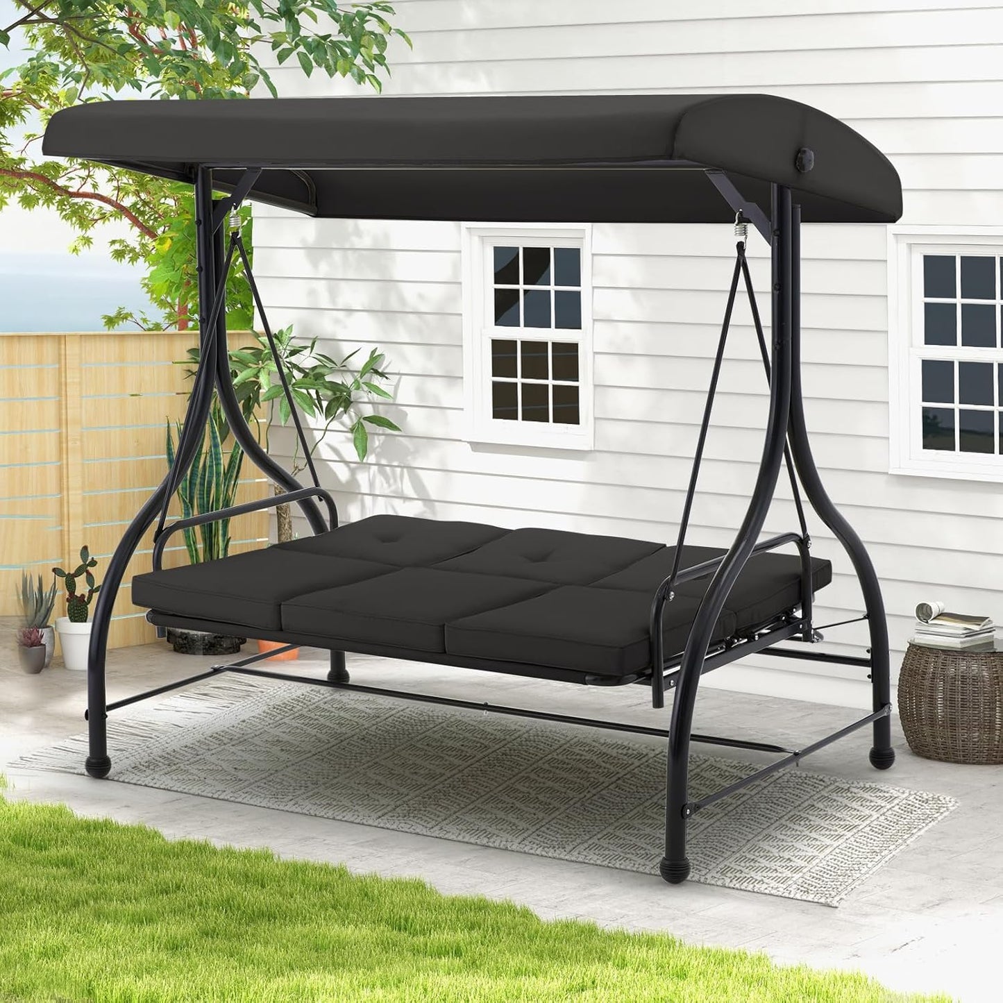 AECOJOY 3 Person Canopy Steel Porch Swing, Converting Swing Glider Hammock-Black