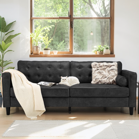 AECOJOY Leather Couch Sofa 84.2” Mid-Century Sectional Sofa 3 Seater Sofa on Clearance,Black