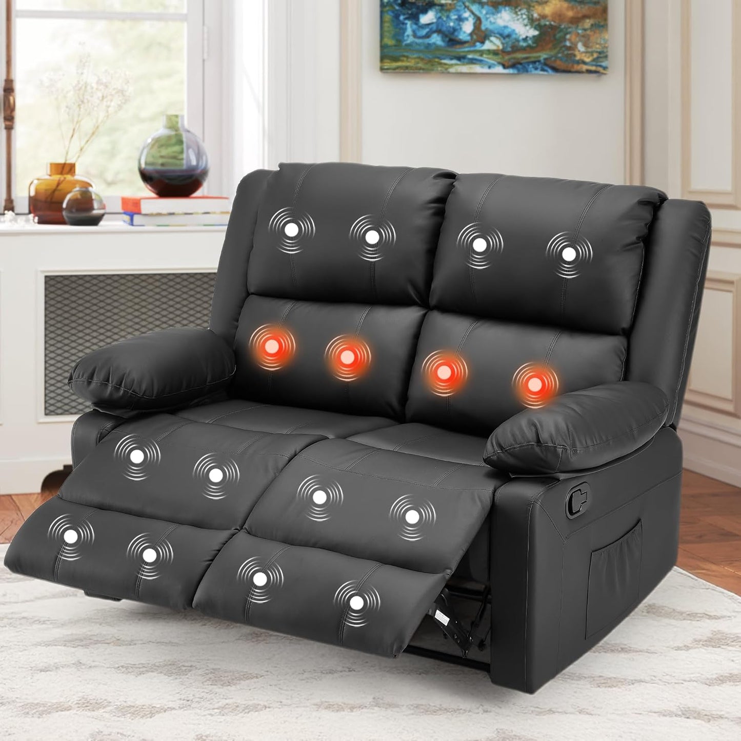 YODOLLA 2 Seat Leather Recliner Sofa with Massage Heated Function, Home Theater Seating Massage Reclining Loveseat Chair in Black