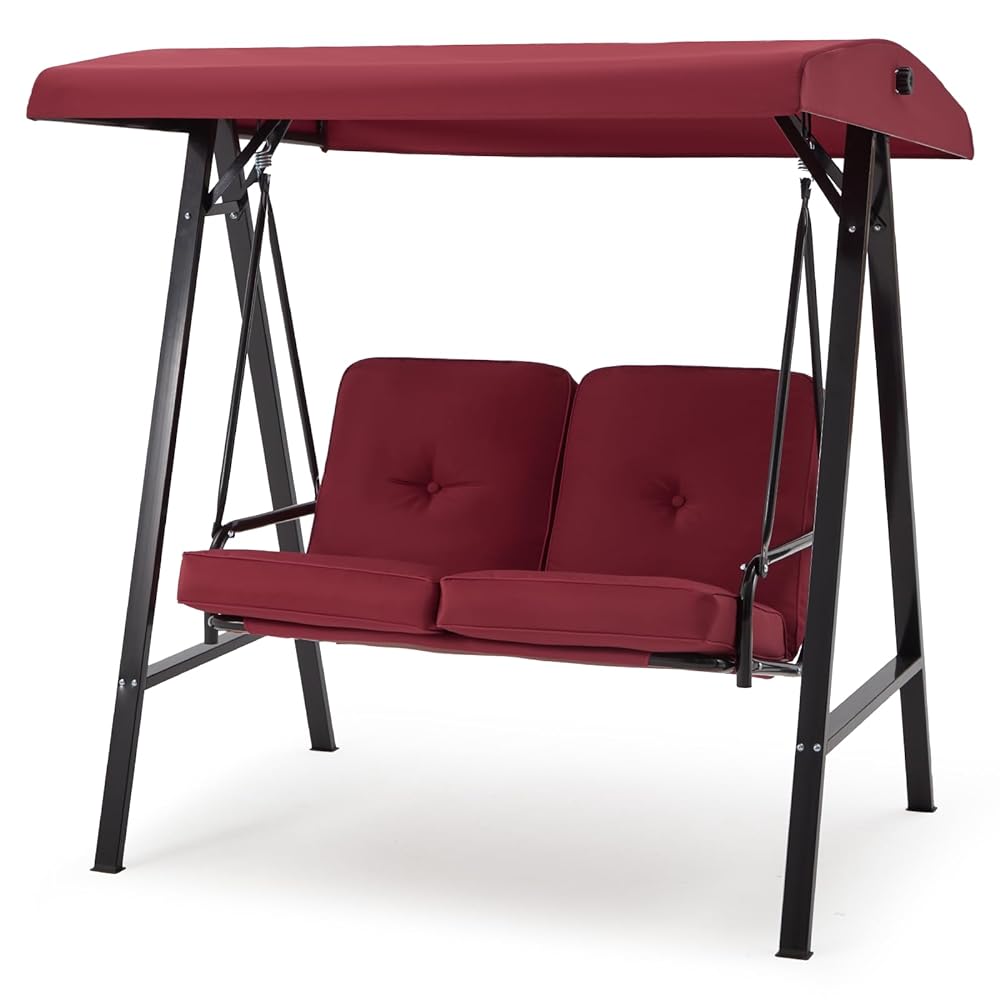 AECOJOY 2 Persons Outdoor Patio Canopy Steel Porch Swing Chair-Red
