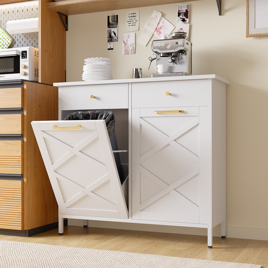 AECOJOY Double Tilt Out Trash Can Kitchen Cabinet, 20 Gallon Metal Trash Garbage Can Cabinet with 2 Drawers, White