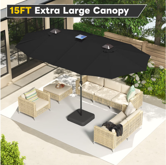 AECOJOY 15 x 9 ft Rectangular Double-Sided Patio Umbrella, 360° Solar Lights with Included Base, 1.9" Pole,Black