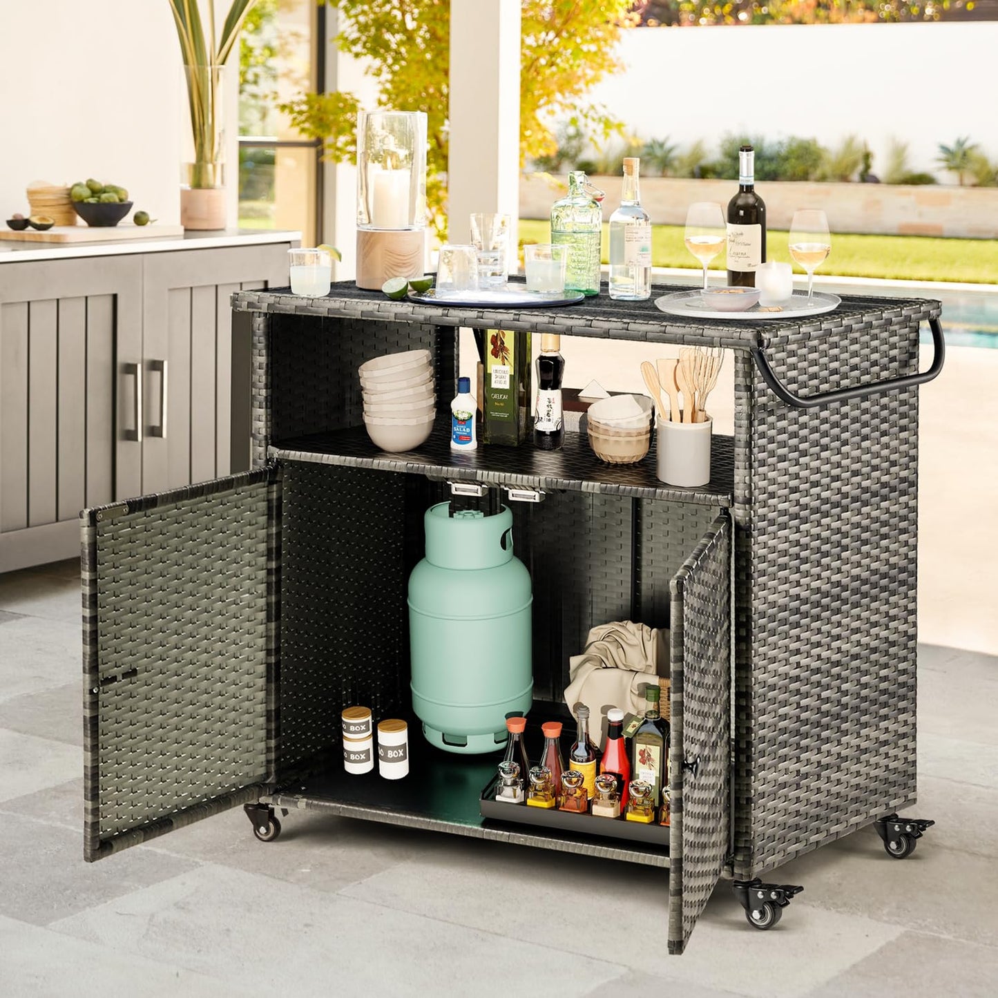 YODOLLA Outdoor Wicker Bar Table with Wheels & Shelf Patio Serving Table Outdoor Storage Cabinet, Gray