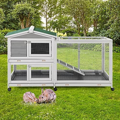 AECOJOY 61.5" Outdoor Wooden Rabbit Hutch, Two-Story Bunny Cage with Wheels, No-Leak Tray and Anti-Slip Ramp