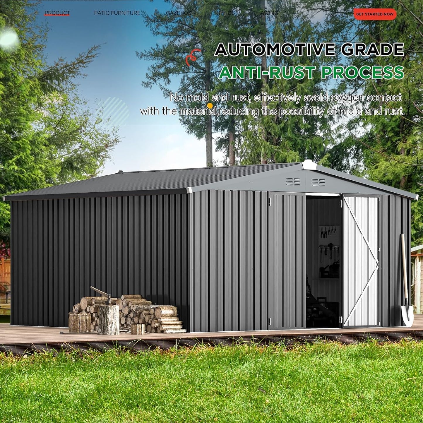 YODOLLA 12 x 12 ft. Outdoor Metal Storage Shed with Sliding Roof & Lockable Door in Dark Gray for Patio, Garden& Backyard