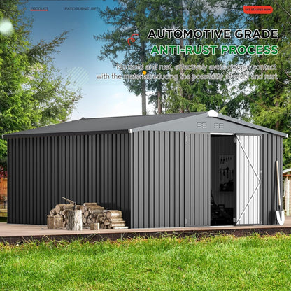 YODOLLA 12 x 12 ft. Outdoor Metal Storage Shed with Sliding Roof & Lockable Door in Dark Gray for Patio, Garden& Backyard