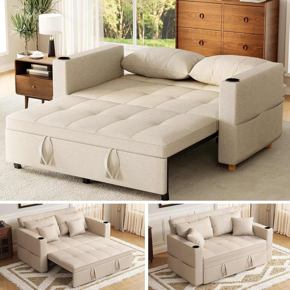 AECOJOY 63" Convertible Loveseat Sofa Bed – 3-in-1 Pull Out Couch in Beige, for Living Room and Bedroom Use