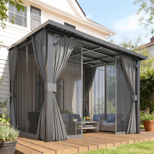 AECOJOY 14' x 12' Hardtop Patio Gazebo with Curtains and Netting, Wall Mounted Heavy Duty Outdoor Pergola on Clearance with Galvanized Steel Roof, Waterproof Metal Grill Gazebo for Backyard 3.5 stars out of 44 reviews (3.5)| 44 ratings