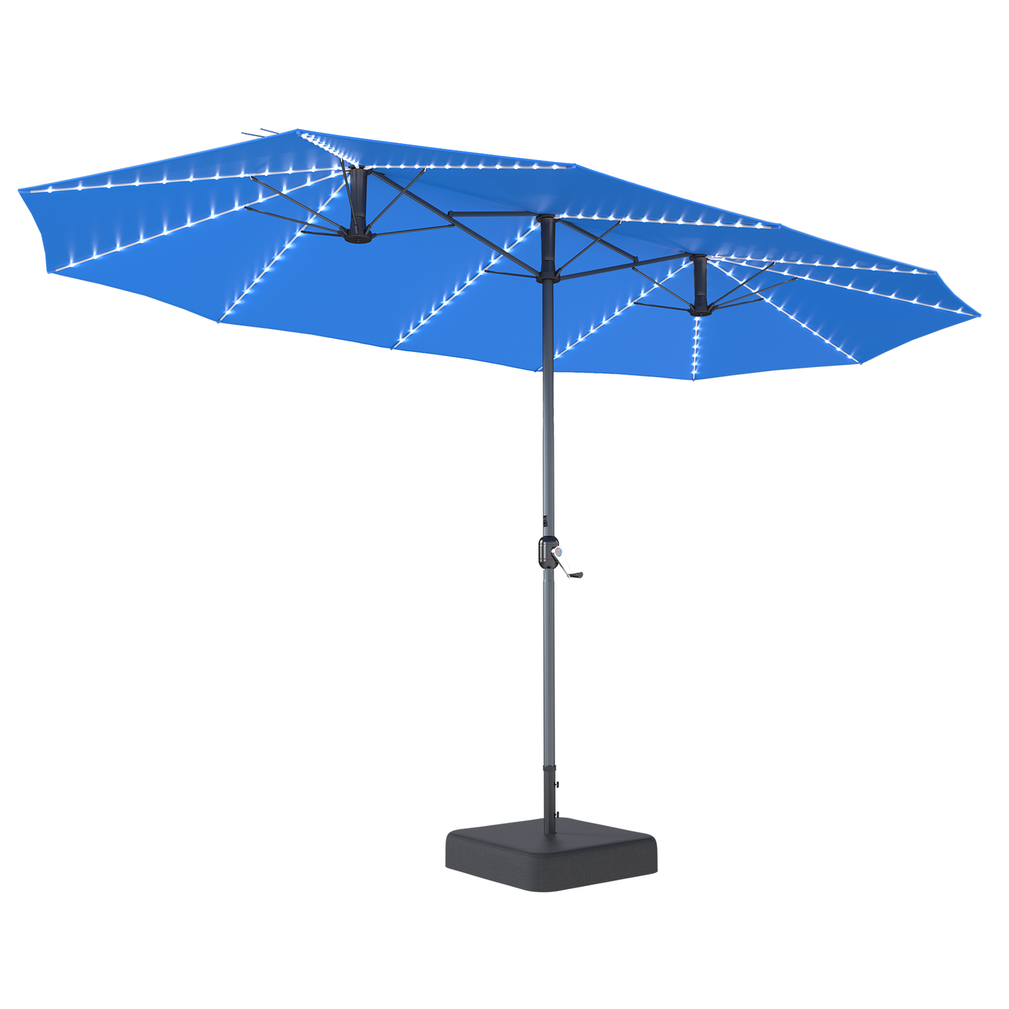 YODOLLA 15 x 9 ft Double-Sided Rectangular Patio Umbrella with Solar Lights & Included Base, 360° All-Round Lighting, 1.9" Pole, Drak Blue