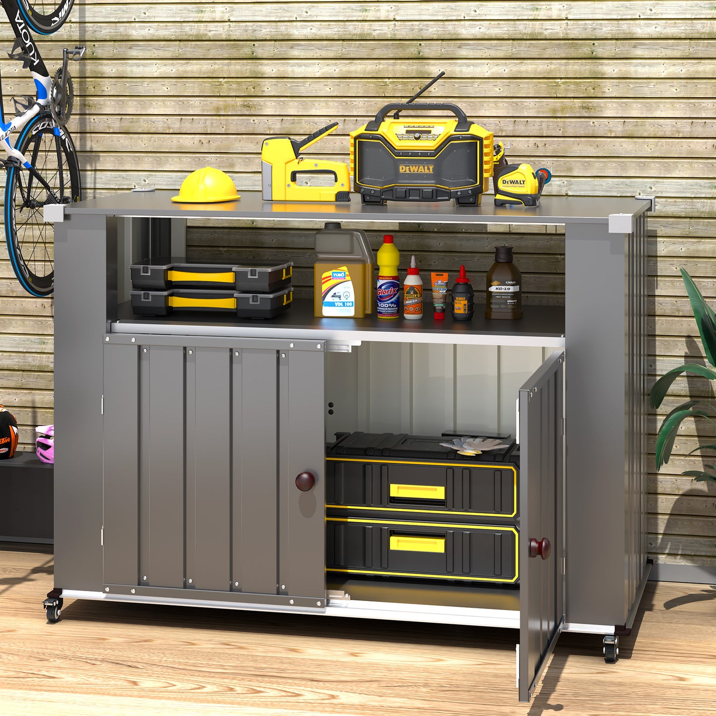 YODOLLA Outdoor Grill Table with Storage Cabinet Weatherproof, Outdoor Kitchen Island, Grill Cabinet Cart with Storage, Outdoor Counter Prep Table with Storage in Dark Grey