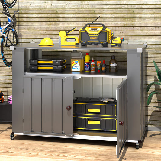 YODOLLA Outdoor Grill Table with Storage Cabinet Weatherproof, Outdoor Kitchen Island, Grill Cabinet Cart with Storage, Outdoor Counter Prep Table with Storage in Dark Grey
