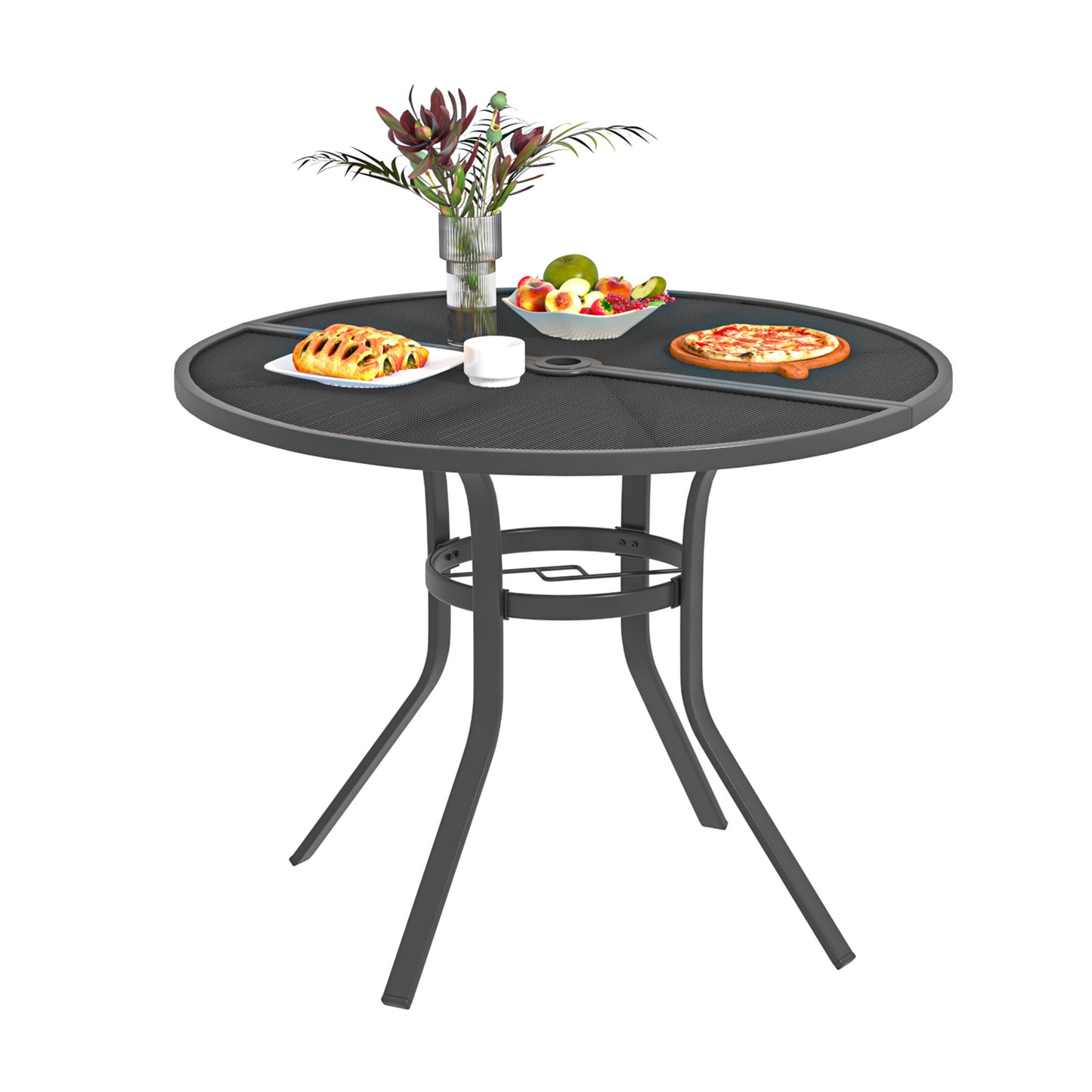 AECOJOY 37" Round Outdoor Dining Table, Metal Patio Table with Umbrella Hole-Black