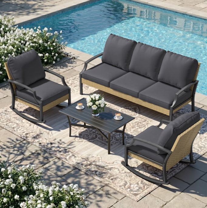 JFHID Outdoor Patio Furniture Sets on sale,4 PCS Conversation Bistro Sets with Rocking Chair & Coffee Table (Dark Grey)