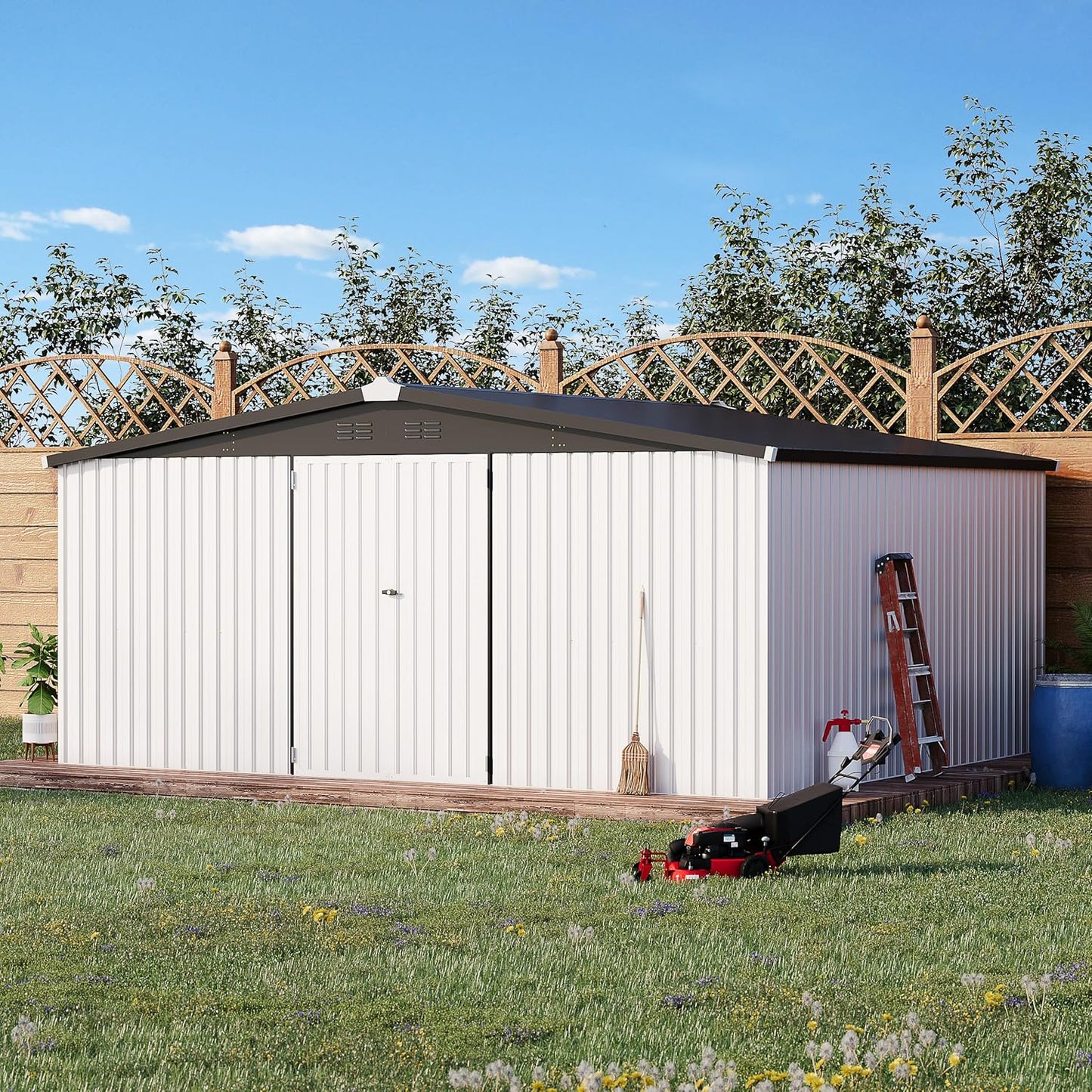 YODOLLA 14' x 12' Outdoor Storage Shed with Lockable Door Patio Metal Garden Storage Building in White for Garden, Outside& Backyard