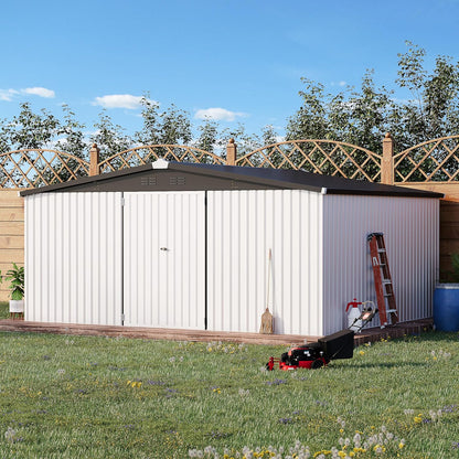 YODOLLA 14' x 12' Outdoor Storage Shed with Lockable Door Patio Metal Garden Storage Building in White for Garden, Outside& Backyard