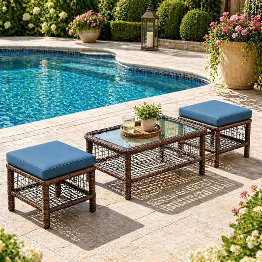 YODOLLA 3PCS Dark Blue Wicker Patio Furniture Set, 2 Ottomans with Central Table, Outdoor Conversation Set