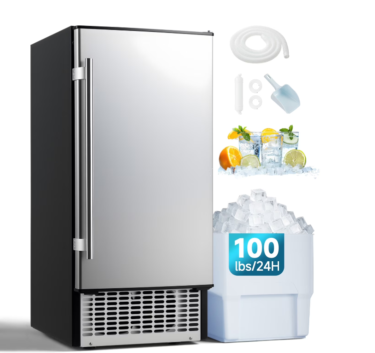 JFHID 15'' Commercial Ice Maker 100lbs/24H,Stainless Steel Under Counter Ice Machine for Home Bar Restaurant