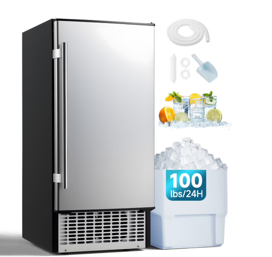 JFHID 15'' Commercial Ice Maker 100lbs/24H,Stainless Steel Under Counter Ice Machine for Home Bar Restaurant
