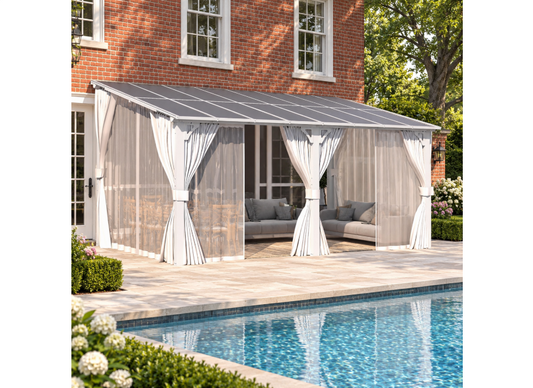 YODOLLA 16x8ft Wall-Mounted Hardtop Gazebo with Curtains and Mosquito Netting, Outdoor Pergola for Patio and Deck, White