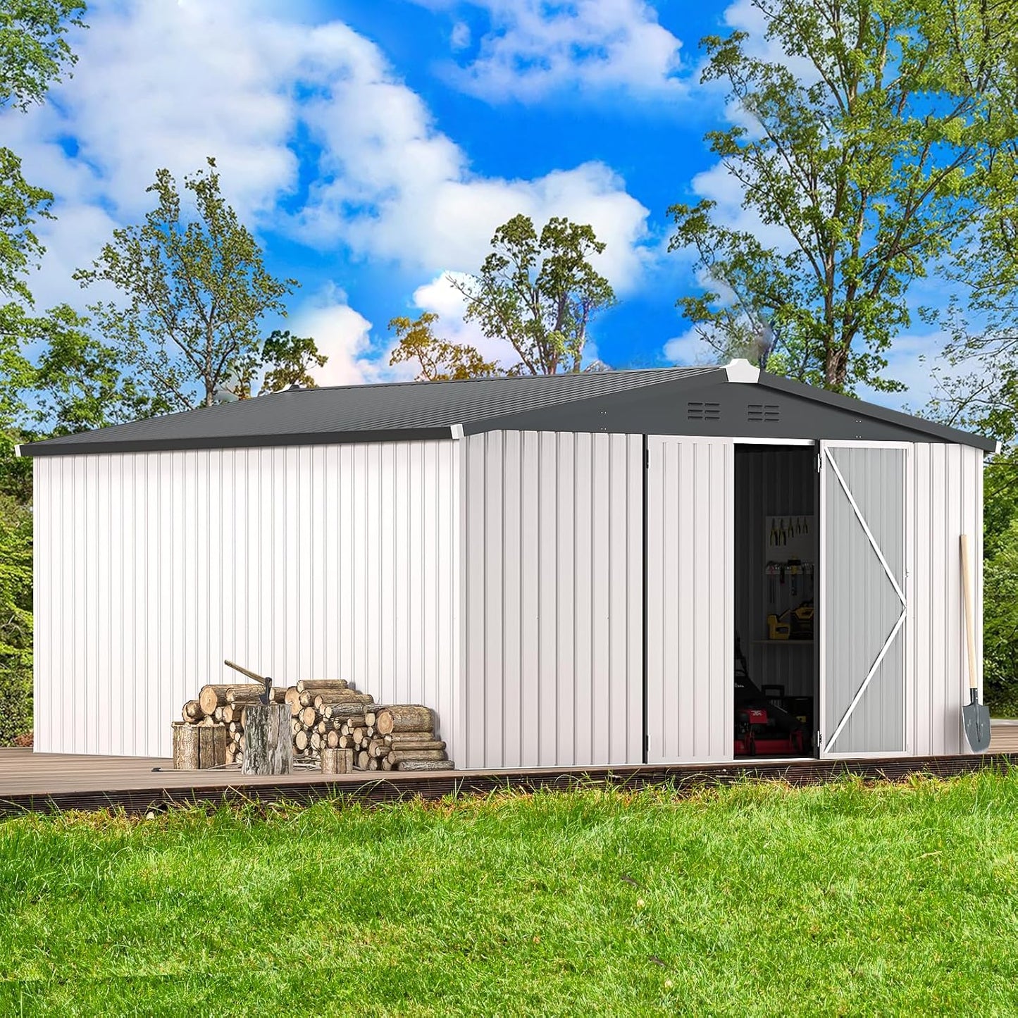 YODOLLA 12 x 12 ft. Outdoor Metal Storage Shed with Sliding Roof & Lockable Door in White for Patio, Garden& Backyard