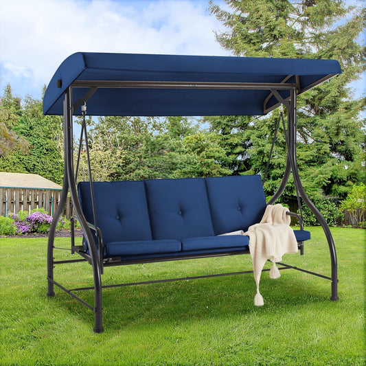 AECOJOY 3 Person Canopy Steel Porch Swing, Converting Swing Glider Hammock-Dark Blue