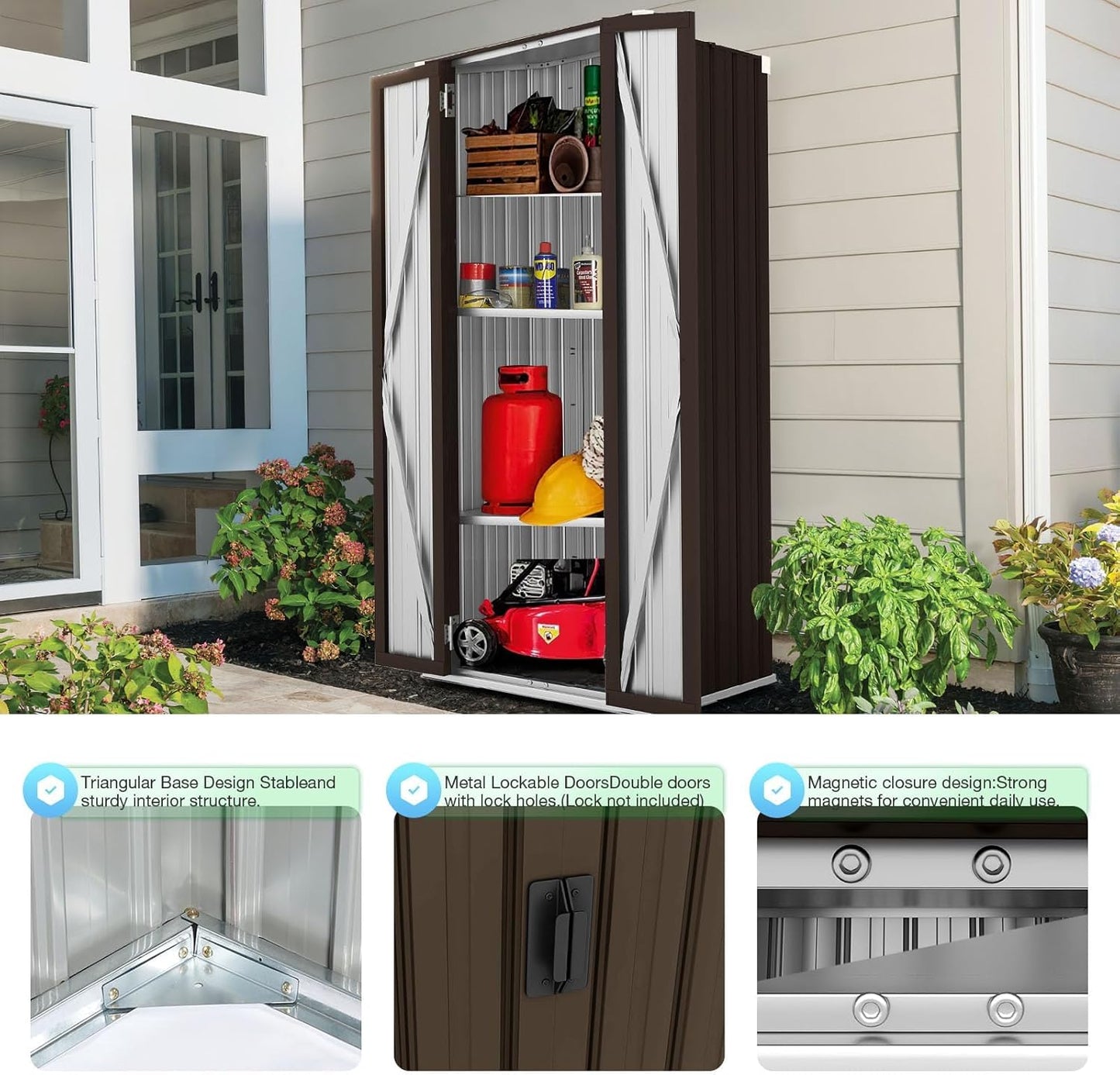 YODOLLA Outdoor Metal Storage Cabinet with Locking Doors and Adjustable Shelves for Home, Office,Garden(Brown)