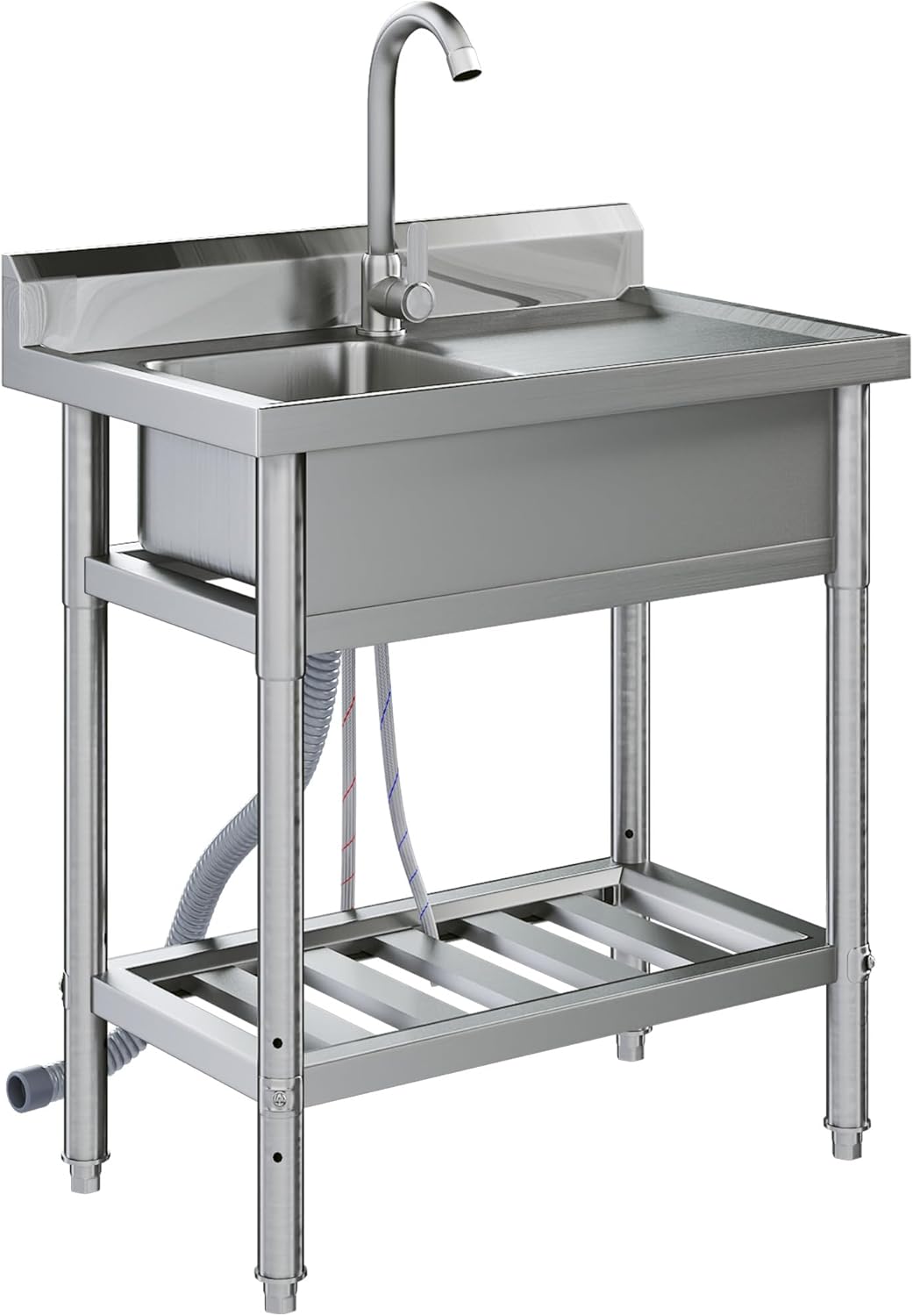 AECOJOY Stainless Steel Utility Sink,Freestanding Single Bowl Laundry Sink with Shelf Board,Outdoor Sink with Hose Hookup for Restaurant, Laundry Room, Garage, Commercial Kitchen