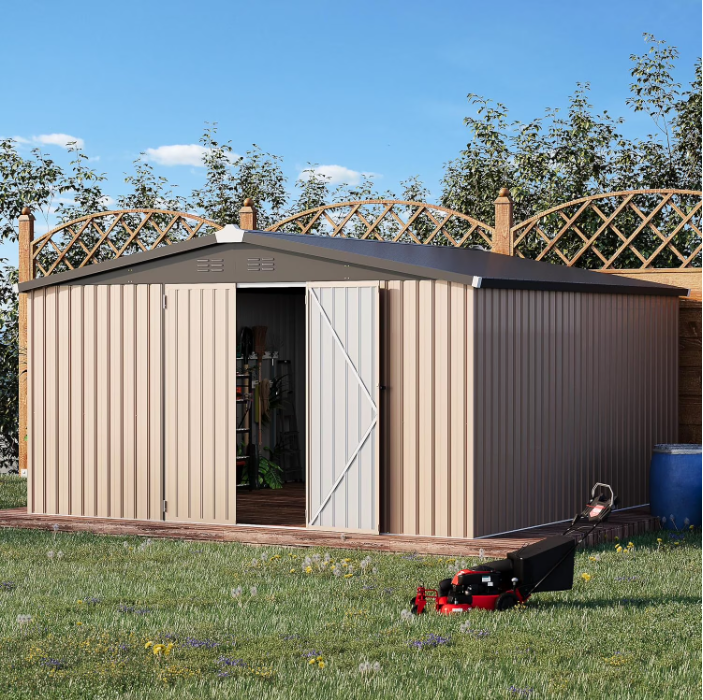 AECOJOY 12' x 12' Outdoor Metal Storage Shed, Patio Storage Clearance With Lockable Door in Grey