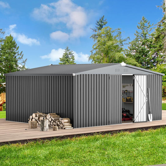 YODOLLA 14' x 12' Outdoor Storage Shed with Lockable Door Patio Metal Garden Storage Building in Dark Gray for Outside