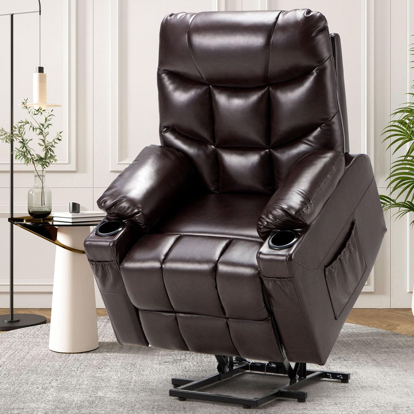 YODOLLA Large Power Lift Recliner for Elderly Heavy Duty Faux Leather Electric Lift Chair with Heated Vibration Massage in Brown