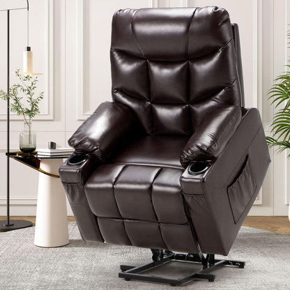 YODOLLA Large Power Lift Recliner for Elderly Heavy Duty Faux Leather Electric Lift Chair with Heated Vibration Massage in Brown