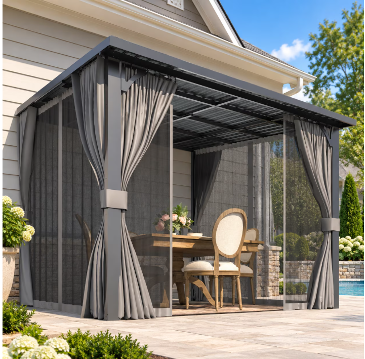 YODOLLA 10x10ft Wall-Mounted Hardtop Gazebo with Curtains and Netting, Heavy Duty Outdoor Pergola for Patio and Deck