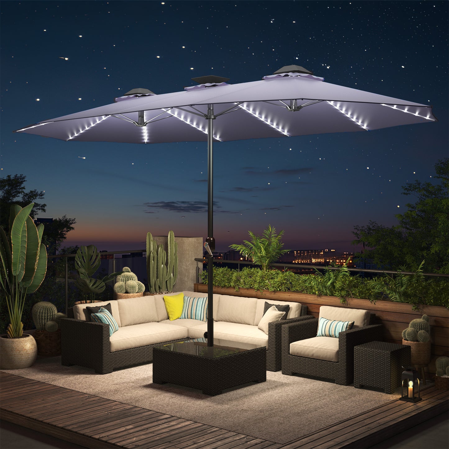 YODOLLA 15ft Patio Umbrella with Solar Lights, Outdoor Large Double Umbrella with 156 PCS LED Lights and Crank Handle for Backyard Deck Pool Shade, Brown