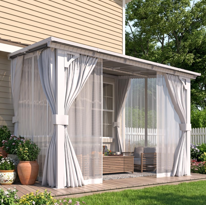 AECOJOY Outdoor Lean to Gazebo 10’ x 8’ with Curtains and Mosquito Netting, 8'x10' Hard Top Wall Mounted Gazebos Pergola on Clearance, Outdoor Patio Gazebo Canopy Awnings, White