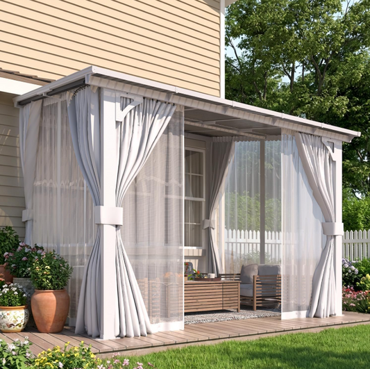 AECOJOY Outdoor Lean to Gazebo 10’ x 8’ with Curtains and Mosquito Netting, 8'x10' Hard Top Wall Mounted Gazebos Pergola on Clearance, Outdoor Patio Gazebo Canopy Awnings, White