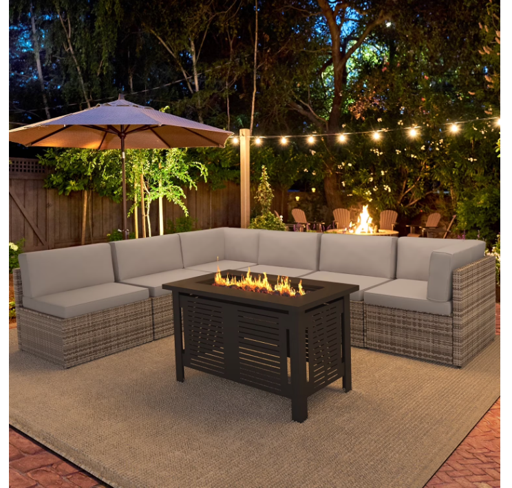 YODOLLA 7-Piece Patio Furniture Set with 43" Fire Pit Table, Rattan Wicker Outdoor Sectional Sofa Couch with Table Patio Conversation Set for Lawn& Backyard In Gray
