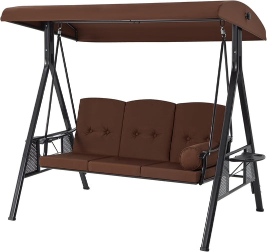 AECOJOY Steel Outdoor Patio Canopy Adjustable Steel Porch Swing Chair with Cover, Brown