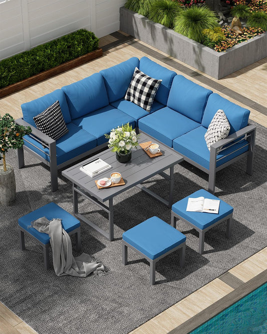 YODOLLA 6 Piece Aluminum Outdoor Patio Dining Set, Gray/Blue