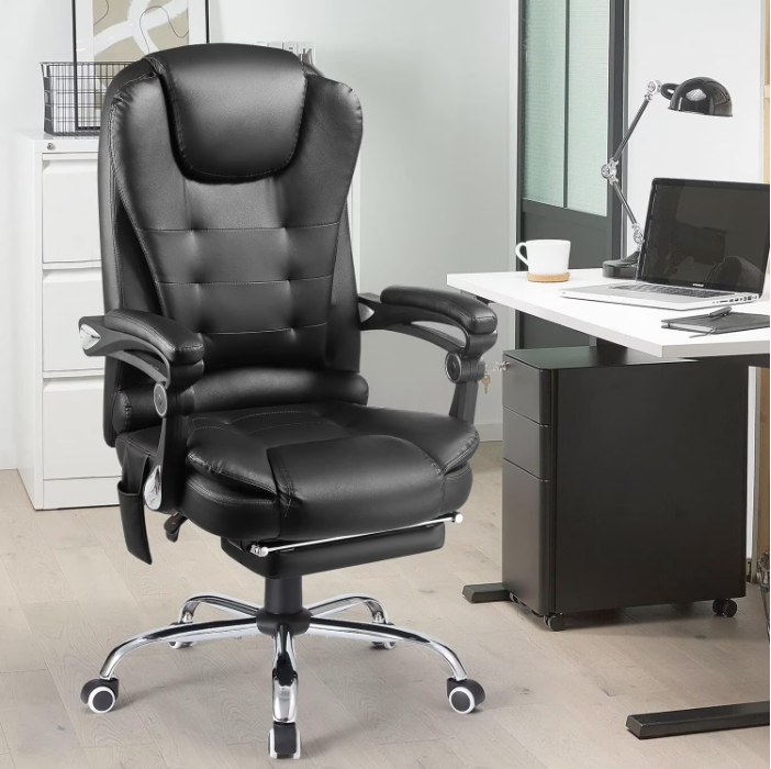 AECOJOY Ergonomic Reclining Office Chair, Heat & Massage High Back Desk Chair w/Retractable Footrest, Executive Swivel Leather Chair for Office, Home, Study, Black