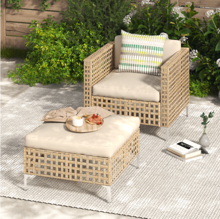 YODOLLA 2-Piece Patio Furniture Set, Boho Style Arm Chair Rattan Wicker Single Sofa Couch with Coffee Table In Beige